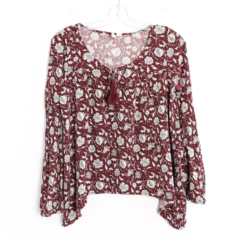 Others Follow floral print boho blouse tassel maroon red top peasant romantic